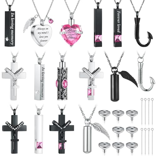 Huquary Urnen-Halskette für Asche, wasserdicht, Edelstahl, geschnitzte Asche, Medaillon mit 8 Füllungen, Herz-Zylinder, Kreuz, kubischer Fischhaken, Schmuck für Asche mit Diamant für Männer und Frauen Huquary Urnen-Halskette für Asche, wasserdicht, Edelstahl, geschnitzte Asche, Medaillon mit 8 Füllungen, Herz-Zylinder, Kreuz, kubischer Fischhaken, Schmuck für Asche mit Diamant für Männer und Frauen von Huquary
