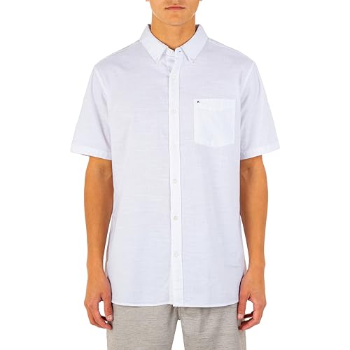 Hurley Herren One and Only Strukturierte, Kurzärmelige Knopfleiste Hemd mit Button-Down-Kragen, Weiß, XL von Hurley