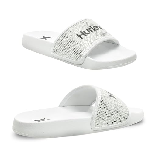 Hurley Naia Kids Adjustable Slide Sandals - Comfort Slip On Summer Slides for Boys and Girls - Slippers EVA Footbed for Outdoor Beach Pool Shower (White Bling, us_footwear_size_system, big_kid, numeric, medium, numeric_12) von Hurley