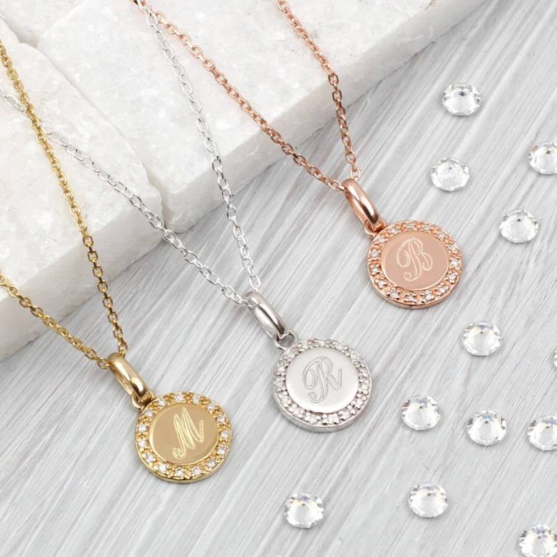 Personalisierter Diamant Halo Anhänger Halskette Mit Gravur Mini Disc von Hurleyburleygifts