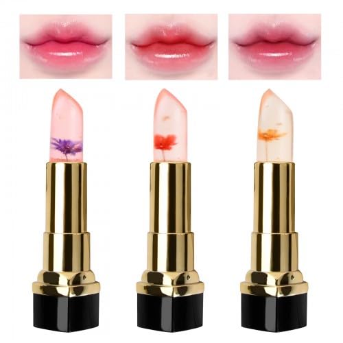 3 StüCk Kristall Blumengelee Lippenstift Set, Farbwechselnder mit Temperaturwechsel, 24 Stunden Halt NatüRlich Pflegend Lipgloss MäDchen von Husalsea