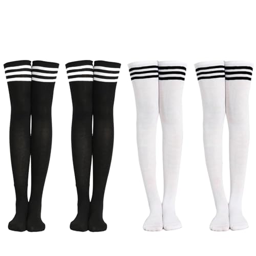 Husalsea Overknees Strümpfe Damen, 4 Paare Weiße Und Schwarze Gestreifte Socken für trendige Outfits, Bequeme Overknee Socken und Kniestrümpfe Damen Wei für jeden Anlass von Husalsea