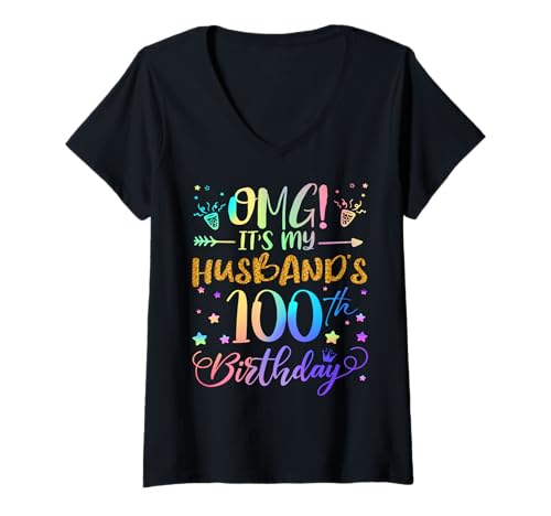 Damen OMG Es ist der 100. Geburtstag meines Mannes, Sweet, 100 Jahre alt T-Shirt mit V-Ausschnitt Damen OMG Es ist der 100. Geburtstag meines Mannes, Sweet, 100 Jahre alt T-Shirt mit V-Ausschnitt von Husband 100th Bday Tie Dye Wife