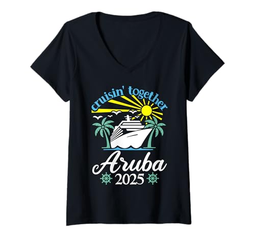 Damen Cruisin Together Aruba Lustige Paare Kreuzfahrt 2025 T-Shirt mit V-Ausschnitt von Husband And Wife Cruising Team