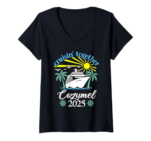 Damen Cruisin Together Cozumel Lustige Paare Kreuzfahrt 2025 T-Shirt mit V-Ausschnitt Damen Cruisin Together Cozumel Lustige Paare Kreuzfahrt 2025 T-Shirt mit V-Ausschnitt von Husband And Wife Cruising Team