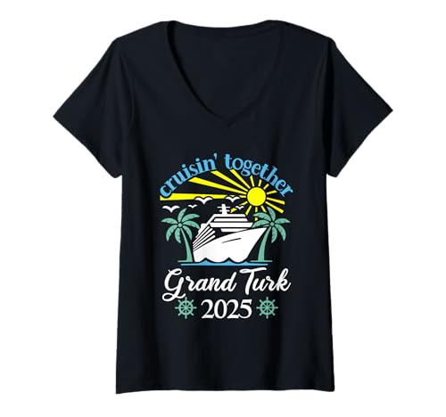 Damen Cruisin Together Grand Turk Lustige Paare Kreuzfahrt 2025 T-Shirt mit V-Ausschnitt von Husband And Wife Cruising Team