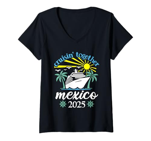 Damen Cruisin Together Mexico Lustige Paare Kreuzfahrt 2025 T-Shirt mit V-Ausschnitt von Husband And Wife Cruising Team