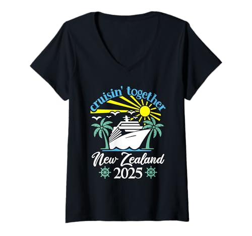 Damen Cruisin Together Neuseeland Lustige Paare Kreuzfahrt 2025 T-Shirt mit V-Ausschnitt von Husband And Wife Cruising Team