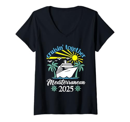 Damen Gemeinsame Kreuzfahrt im Mittelmeer | Lustige Paarkreuzfahrt 2025 T-Shirt mit V-Ausschnitt von Husband And Wife Cruising Team
