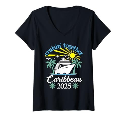 Damen Gemeinsame Kreuzfahrt in der Karibik | Lustige Paarkreuzfahrt 2025 T-Shirt mit V-Ausschnitt von Husband And Wife Cruising Team