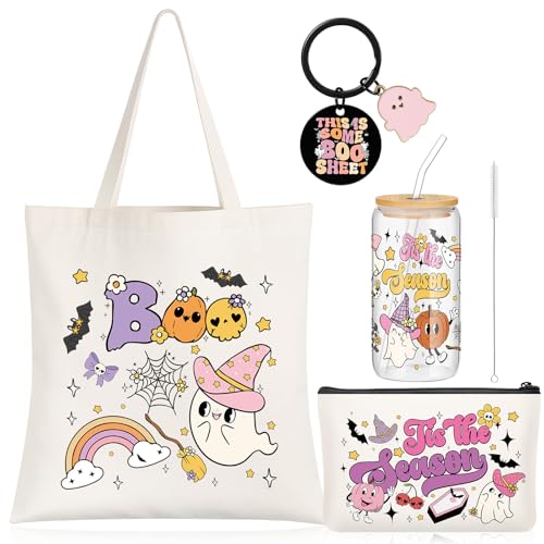 Hushee Halloween-Geschenk-Set, gruselige Tragetasche, Kosmetiktasche, Geisteranhänger, Schlüsselanhänger, Tis the Season, Glasbecher mit Deckel, Boo Basket Stuffer für Frauen, 4-teilig Hushee Halloween-Geschenk-Set, gruselige Tragetasche, Kosmetiktasche, Geisteranhänger, Schlüsselanhänger, Tis the Season, Glasbecher mit Deckel, Boo Basket Stuffer für Frauen, 4-teilig von Hushee
