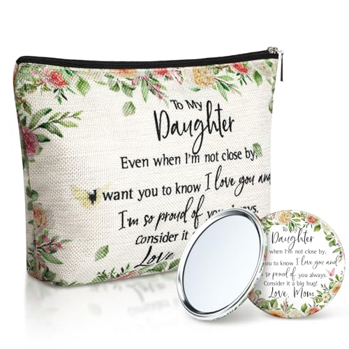 Hushee Tochter Geschenke von Mutter und Vater Ideas Ever Geschenke zu Geschenke Tochter Andenken Make-up-Tasche Reißverschluss Geldbörse und Kosmetikspiegel, To Daughter von Hushee