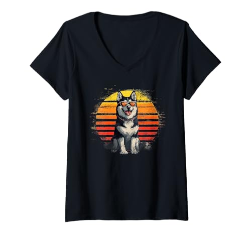 Damen Husky Dad Hundeliebhaber Männer Frauen Vintage Vatertag T-Shirt mit V-Ausschnitt Damen Husky Dad Hundeliebhaber Männer Frauen Vintage Vatertag T-Shirt mit V-Ausschnitt von Husky Dad Dog Vintage Sunset Husky Dad
