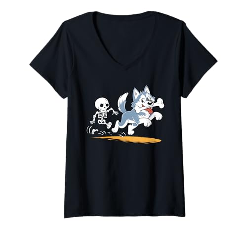 Damen Husky-Skelett T-Shirt mit V-Ausschnitt Damen Husky-Skelett T-Shirt mit V-Ausschnitt von Husky Design