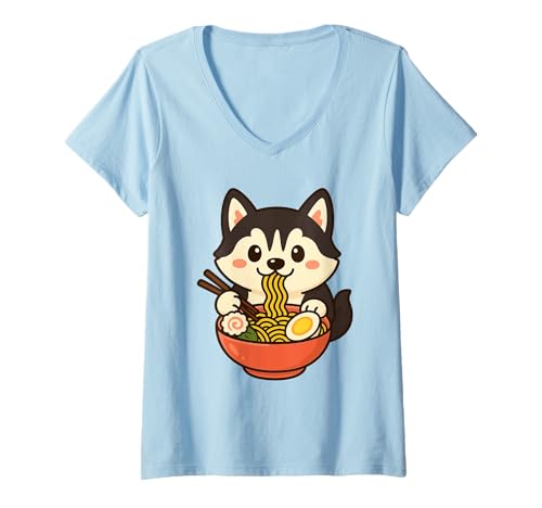 Damen Husky isst Ramen-Nudelsuppe T-Shirt mit V-Ausschnitt Damen Husky isst Ramen-Nudelsuppe T-Shirt mit V-Ausschnitt von Husky Dog Ramen Noodles