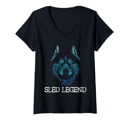 Damen Schlitten Hund Husky Hundeschlitten Legend Alaska Winter Mushing Schlitten T-Shirt mit V-Ausschnitt Damen Schlitten Hund Husky Hundeschlitten Legend Alaska Winter Mushing Schlitten T-Shirt mit V-Ausschnitt von Husky Dog Sledder Sleigh Snow Sledding