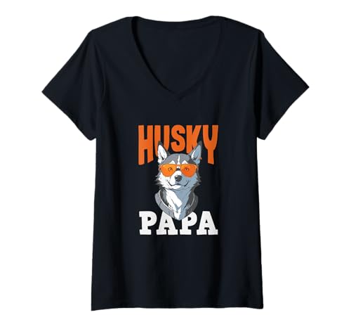 Damen Husky Papa Lustiges Husky T-Shirt mit V-Ausschnitt von Husky Humor Team – Lustige Hunde Designs