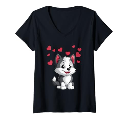 Damen Süßer Husky Welpe mit Herzen Kawaii Cartoon Husky T-Shirt mit V-Ausschnitt Damen Süßer Husky Welpe mit Herzen Kawaii Cartoon Husky T-Shirt mit V-Ausschnitt von Husky Liebe Kawaii Hunde Welpen Fans Niedlich