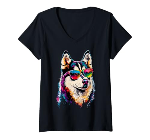 Damen Husky mit Sonnenbrille Hund Hunde Ich Liebe Siberian Huskys T-Shirt mit V-Ausschnitt von Husky Liebhaber Motiv für Husky Frauchen Herrchen