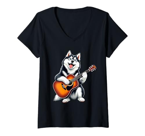 Damen Lustiger Husky-Hund spielt Gitarre, Design: Lustiger Husky T-Shirt mit V-Ausschnitt Damen Lustiger Husky-Hund spielt Gitarre, Design: Lustiger Husky T-Shirt mit V-Ausschnitt von Husky Lovers Designs