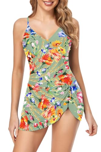 Badeanzug Damen Badeanzugkleid Badeanzug Bademode Elegant Einteiliger Badeanzug Grosse Grösse Ruched Bauchweg Verstellbar Träger Rückenfre Sommer Swimsuit Schwimmkleid_Grün-Blume_S von Husmeu