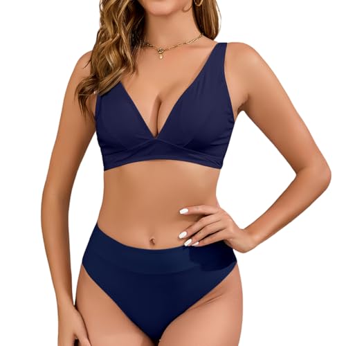 Bikini-Set für Damen Push up Bikini-Oberteil und High Waist Bikini-Unterteile, weiche hochwertige Bademode Badeanzüge für Strand, Pool mit verstellbaren Schultergurten-Marineblau-M von Husmeu