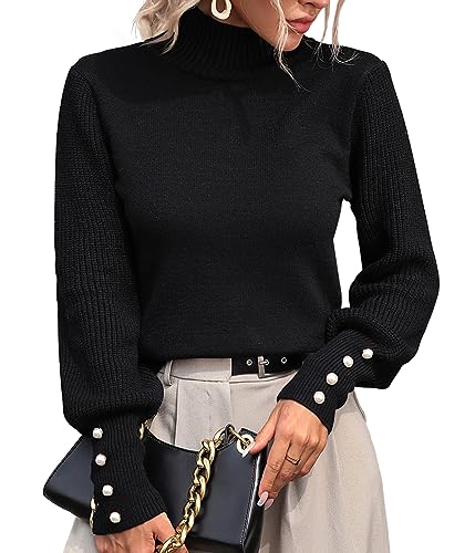 Damen Pullover Lässige Sweater Rundhals Herbst Strickpullover Einfarbig Langarm Basic Tops mit Knopf-Schwarz-M von Husmeu