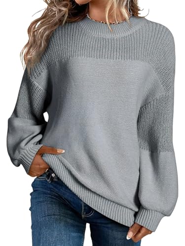 Damen Strickpullover Rundhals Langarm Feinstrick Pulli Jumper Oberteile Tops Sweater-Grau-M von Husmeu