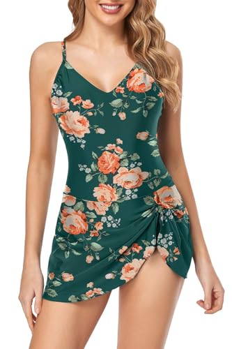 Husmeu Badeanzug Damen Bademoden Badekleid Einteilige Bademode Bauchweg Tankini Badekleider Damen Schwimmkleid Badeanzüge Große Größen_Grüne Blume_XXL von Husmeu