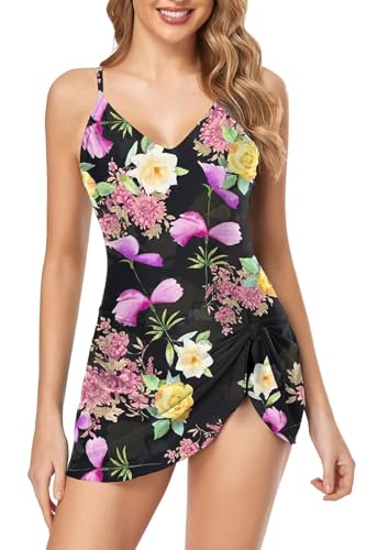 Husmeu Badeanzug Damen Bademoden Badekleid Einteilige Bademode Bauchweg Tankini Badekleider Damen Schwimmkleid Badeanzüge Große Größen_Schwarze Blume_XXL von Husmeu