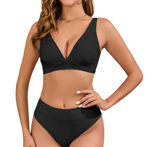 Husmeu Bikini Damen Set Tiefer V Ausschnitt High Waist Bikinis Weiche Hochwertige Bademode Badeanzüge Für Strand-Schwarz-M von Husmeu