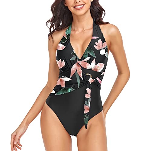 Husmeu Damen Badeanzug Badeanzüge Bauchweg Monokinis Einteilige Bademode V-Ausschnitt Monokinis, Swimsuit Frauen One Piece Push Up Badeanzüge Plus Size Swimsuits for Women,L Blumen von Husmeu