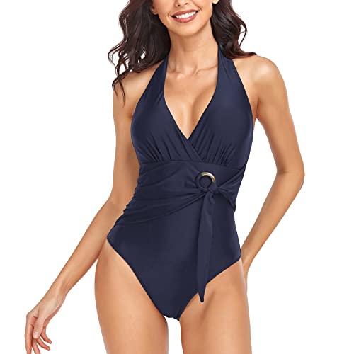 Husmeu Damen Badeanzug Badeanzüge Bauchweg Monokinis Einteilige Bademode V-Ausschnitt Monokinis, Swimsuit Frauen One Piece Push Up Badeanzüge Plus Size Swimsuits for Women,L Dunkelblau von Husmeu