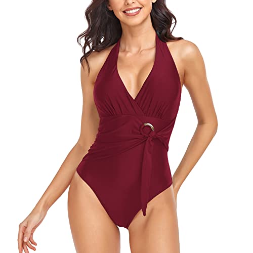 Husmeu Damen Badeanzug Badeanzüge Bauchweg Monokinis Einteilige Bademode V-Ausschnitt Monokinis, Swimsuit Frauen One Piece Push Up Badeanzüge Plus Size Swimsuits for Women,L Weinrot von Husmeu