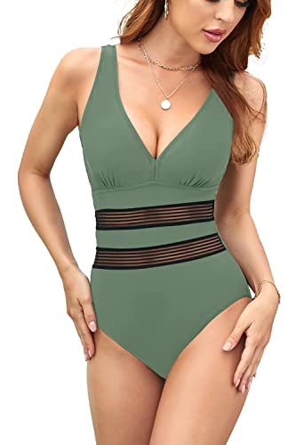 Husmeu Damen Badeanzug Tummy Control Einteilige Badeanzüge V-Ausschnitt Mesh Monokini Bademode Abnehmen Swimsuit Armygrün XL von Husmeu