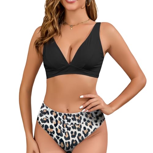 Husmeu Damen Bikini Set Badeanzug Zweiteilige V-Ausschnitt SexyBikinioberteil Bikini Set Bademode-Leopardendruck-M von Husmeu