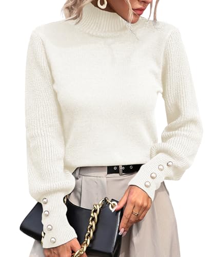 Pullover Damen Herbst Winter Langarm Elegant Strickpullover Warm Casual Rundhals Sweater Strick Winterpullover-Weiß-M von Husmeu