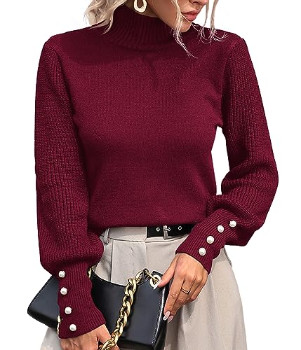Strickpullover Damen Pullover Rundhalsausschnitt Sweatshirt Lose Gerippt Oberteile mit Knopf fur Herbst Winter-Weinrot-S von Husmeu