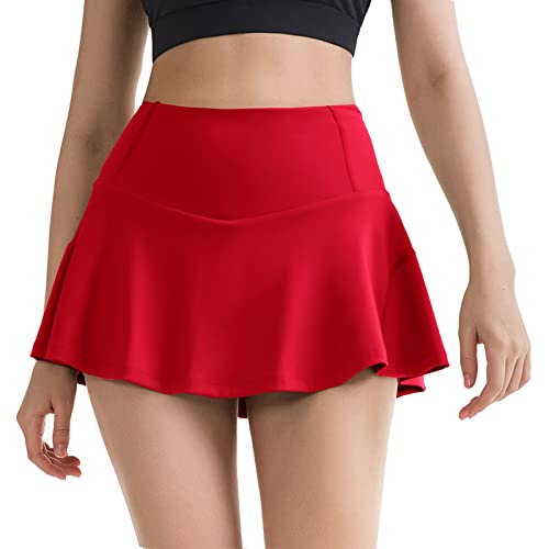 Husnainna Plissierter Tennisrock für Damen mit Taschen, hohe Taille, Skorts, Röcke, integrierte Shorts, bequem, athletisch, lässig, Rot/Ausflug, einfarbig (Getaway Solids), Klein von Husnainna