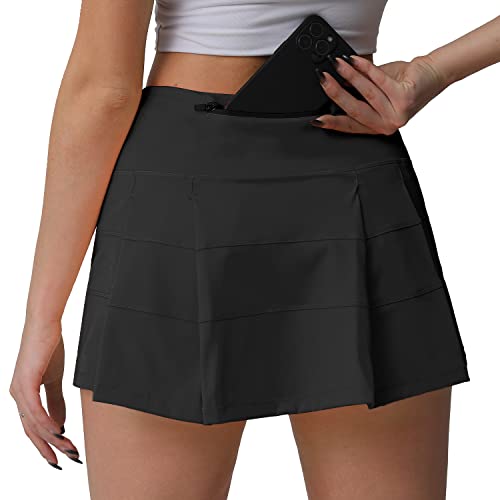 Husnainna hoch taillierte Plissierte Tennisrock mit Taschen, athletische Golf Skorts für Frauen, eingebauten Shorts 018BZQ-Black/a2 von Husnainna