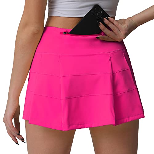 Husnainna hoch taillierte Plissierte Tennisrock mit Taschen, athletische Golf Skorts für Frauen, eingebauten Shorts 018BZQ-Hot Pink/e10 von Husnainna