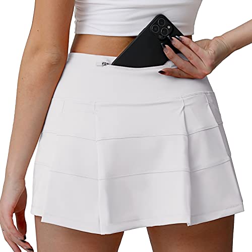 Husnainna hoch taillierte Plissierte Tennisrock mit Taschen, athletische Golf Skorts für Frauen, eingebauten Shorts 018BZQ-White/d8 von Husnainna