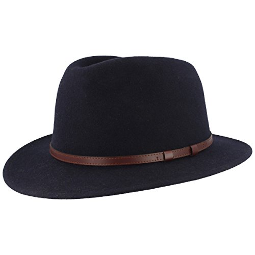 Breiter Outdoor Filz-Hut Aus 100% Wolle - Trekking Traveller Hut Wasserabweisend & Faltbar - Mit Ledergarnitur - Marine-Blau von Breiter