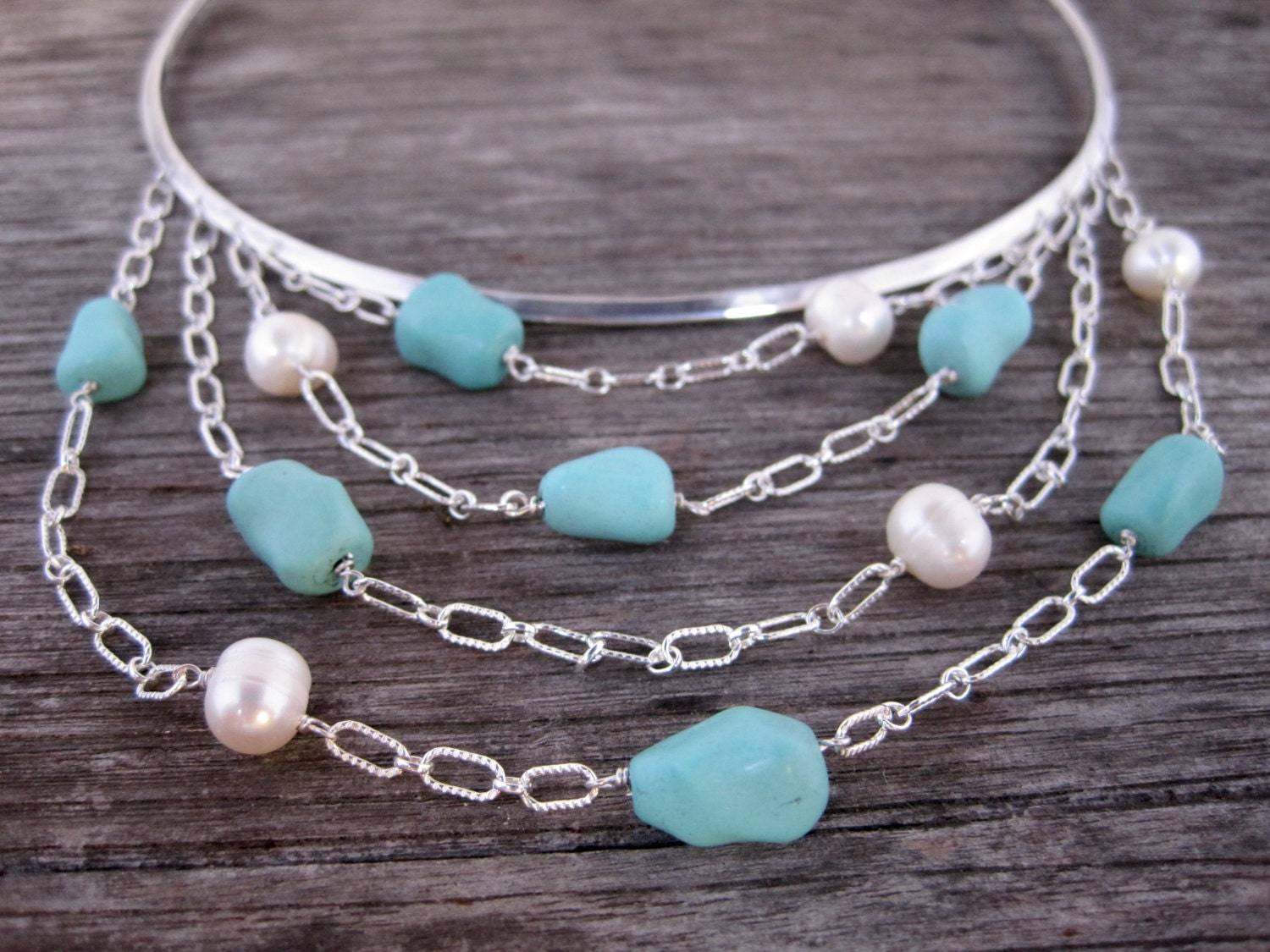 Anweisung Collier in Sterlingsilber Mit Echten Chunky Türkis Und Süßwasser Perlen Handarbeit Anweisung Collier in Sterlingsilber Mit Echten Chunky Türkis Und Süßwasser Perlen Handarbeit von HutchHandcrafted