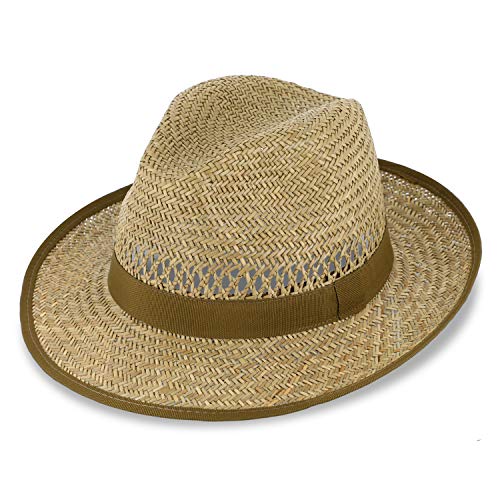 fiebig Bogart Strohhut für Damen & Herren | Sommerhut mit Ripsband & Einfass | Sonnenhut mit breiter Krempe | Fedora Made in Italy | Farbe Natur (55-S) von fiebig