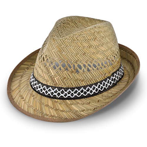 Erntehelfer Strohhut (Sonnenschutz) für Damen und Herren, cooler und modischer Sonnenhut im Trilby Look für den Sommer am Strand oder im Urlaub, verschiedene Größen, Farbe natur, Gr: 54 cm von fiebig