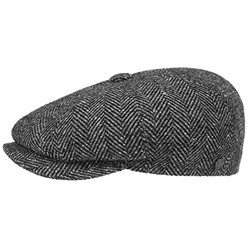 LIERYS Fischgrat Flatcap (Schiebermütze) für Herren, Hatteras Cap gefertigt aus Schurwolle (Tweed) mit klassischen Fischgräten Muster (S/54-55, schwarz) von LIERYS