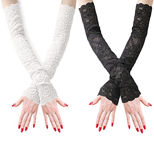 Huture 2 Paare Damen Spitzen Handschuhe Spitzenhandschuhe lang Vintage Brauthandschuhe Blumenspitze Handschuhe Braut Hochzeit Sexy Prom Oper für Tea Party 1920er Jahre Kostüme, Schwarz Weiß von Huture