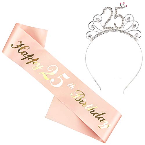 Huture 25. Geburtstags Kristall Tiara Krone mit Geburtstags Schärpe Krone Rose Gold Happy 25 Birthday Satin Schulterriemen Strass Prinzessin Kronen Haar Zusätze für Mädchen Party Deko Zubehör von Huture