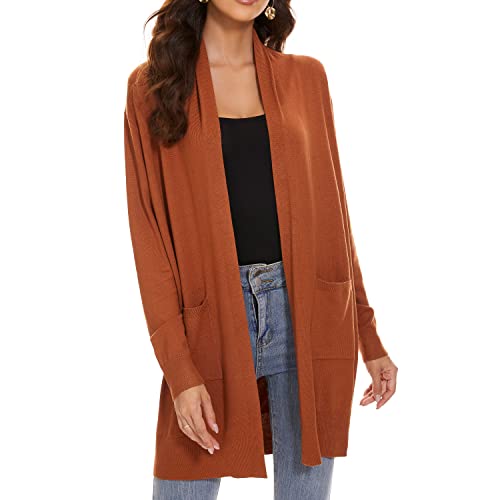 Huuloo Damen Open Front Long Shawl Cardigan Sweater mit Taschen, braun, Mittel von Huuloo